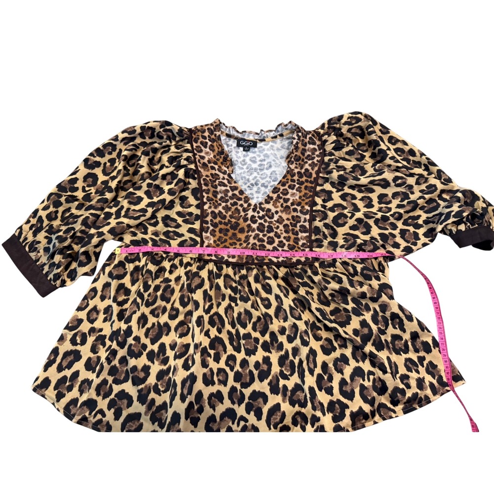 GIGIO USA Leopard Print Babydoll Top Puff Sleeve Mixed Animal Blouse Brown L - Picture 4 of 6